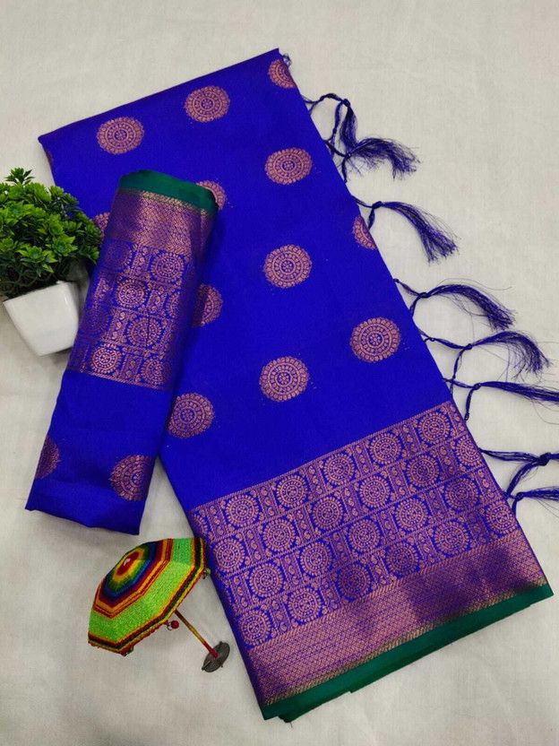 Woven Kanjivaram Pure Silk, Cotton Silk Saree  (Blue)