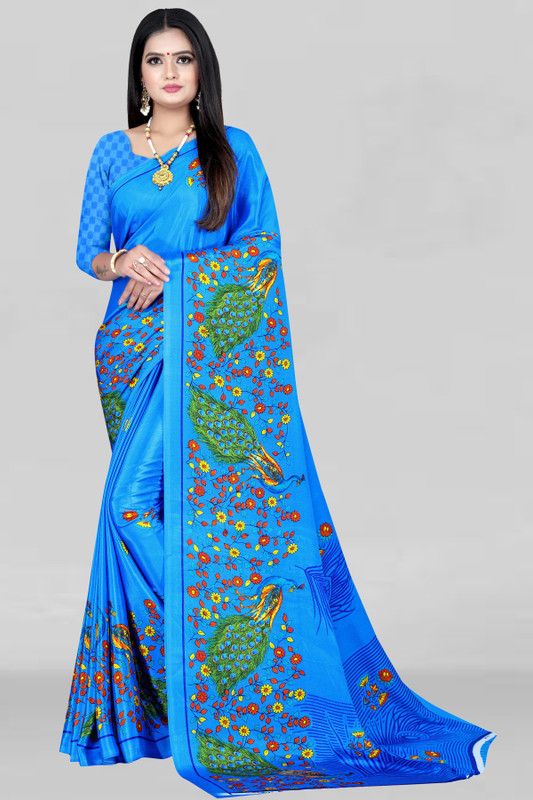 Printed Daily Wear Crepe Saree  (Blue)