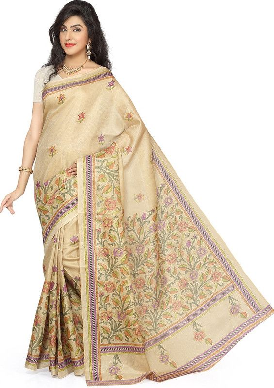 Printed Bhagalpuri Art Silk Saree  (Purple, Beige)