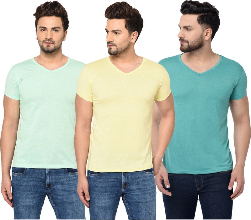 Pack of 3 V neck Combo T-shirts Multicolor Men Solid V Neck Cotton Blend Light Blue, Light Green, Yellow T-Shirt