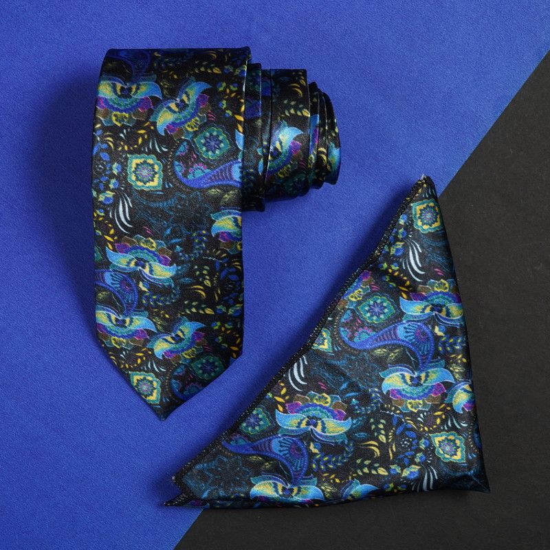 AXLON Printed Silk Necktie Gift Set With Pocket Square Formal Tie with Box (Blue) Printed Tie  (Pack of 2)
