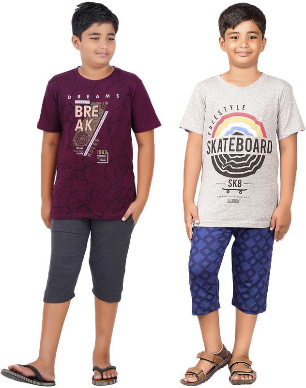 Boys Printed Pure Cotton Kids Nightwear  (Multicolor Pack of 2)