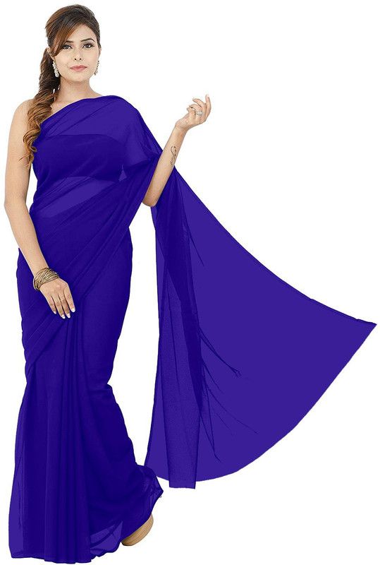 Solid/Plain Daily Wear Cotton Blend Saree  (Dark Blue)