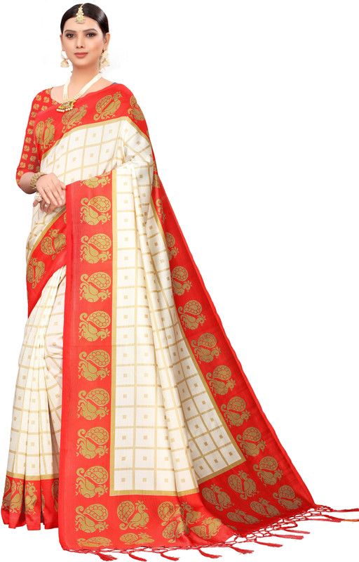 Printed, Checkered Bollywood Art Silk Saree  (White)