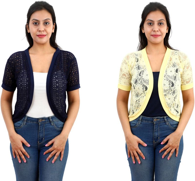 Women Half Sleeve Dark Blue, Yellow Shrug