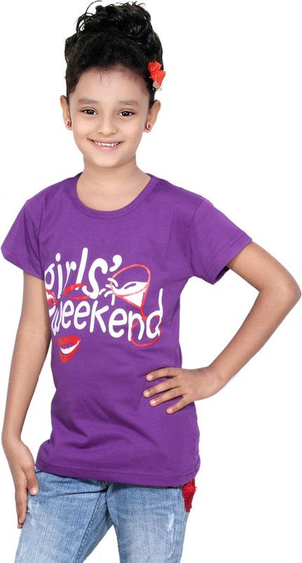 Girls Printed Cotton Blend T Shirt  (Purple, Pack of 1)