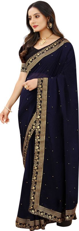 Embellished Bollywood Georgette Saree  (Dark Blue)