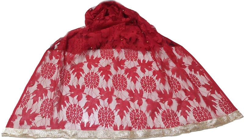 Net Embroidered Red Women Dupatta