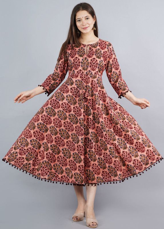 Women Printed Pure Cotton Anarkali Kurta  (Pink)