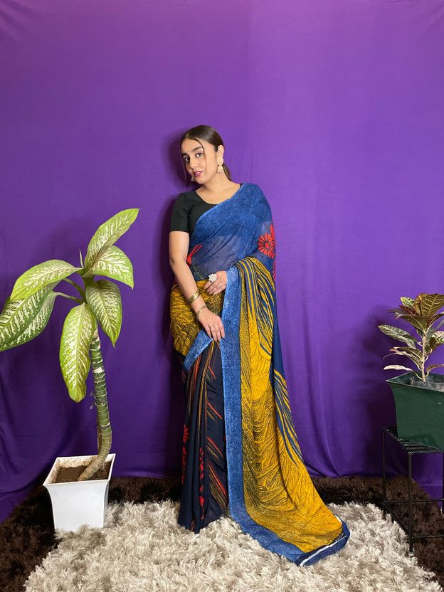 Floral Print Bollywood Georgette Saree  (Blue, Yellow)