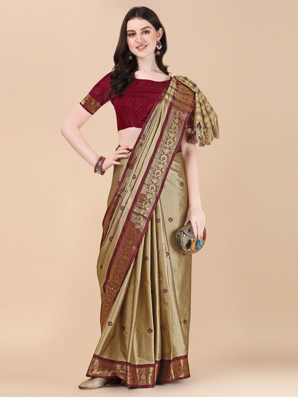 Printed Kanjivaram Art Silk Saree  (Cream)