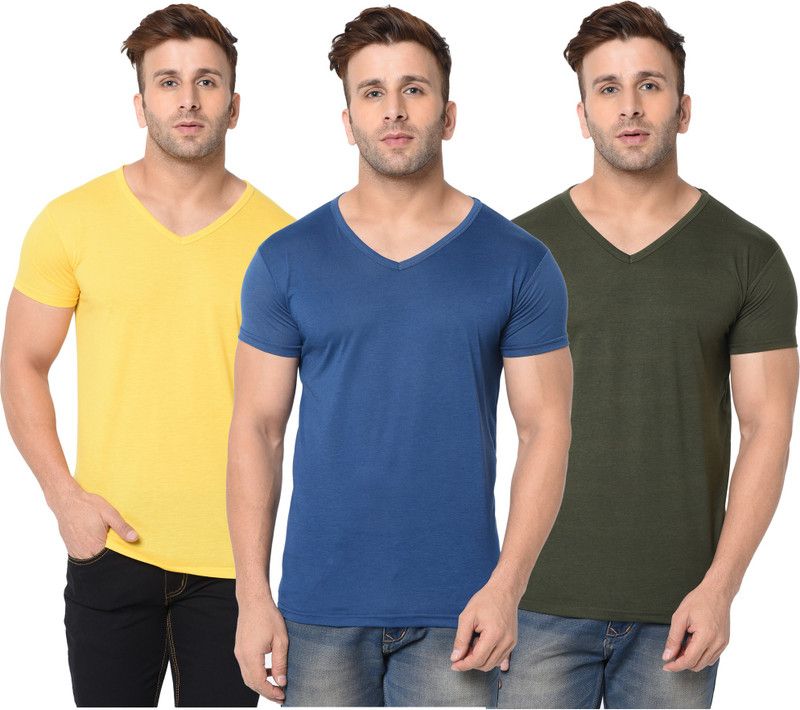 Pack of 3 Men Solid V Neck Cotton Blend Dark Blue, Dark Green, Yellow T-Shirt