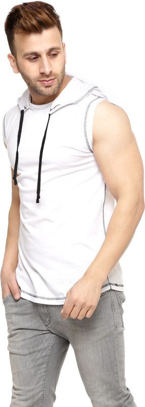 Men Colorblock Hooded Neck Cotton Blend White T-Shirt