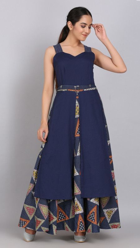 Women Geometric Print Cotton Blend Flared Kurta  (Dark Blue)