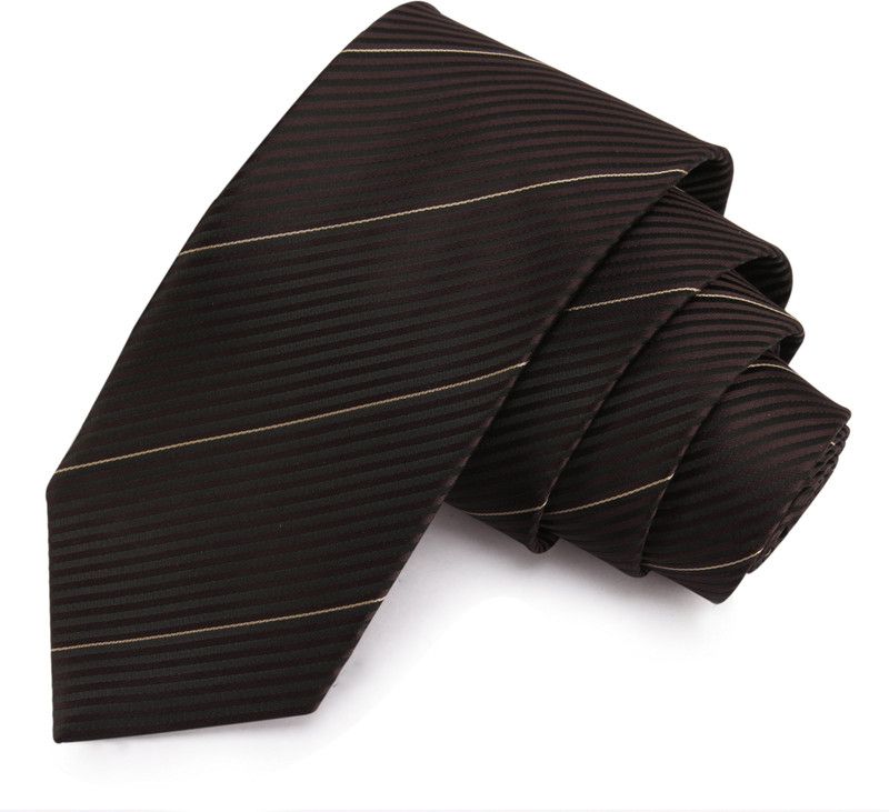 PELUCHE Remarkable Dark Brown & Beige Colored Microfiber Neck Striped Men Tie