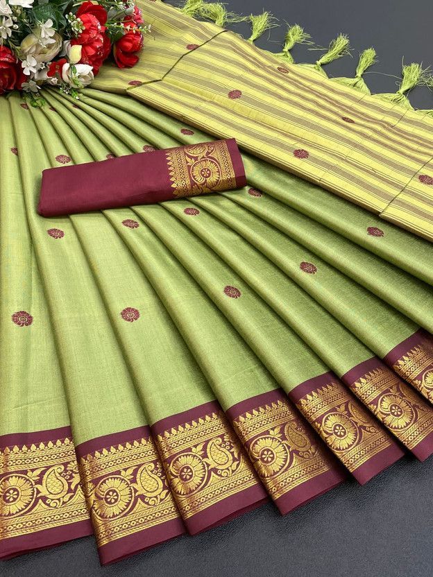 Woven Banarasi Jacquard, Cotton Silk Saree  (Gold, Light Green)