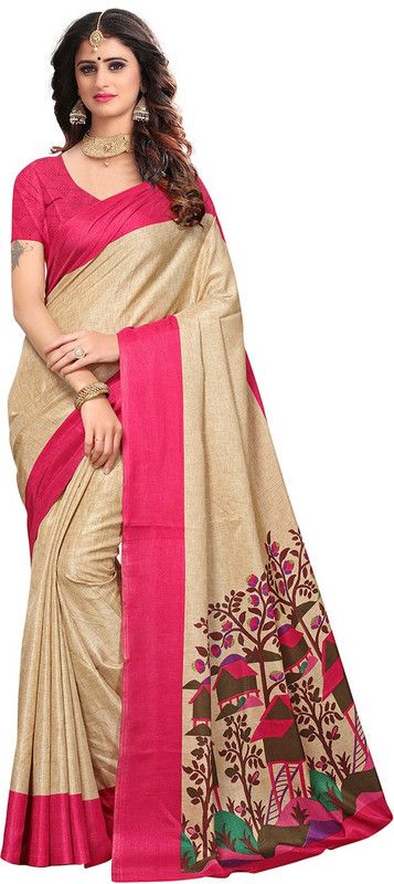 Printed Bollywood Pure Silk Saree  (Pink, Beige)