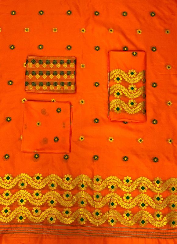 Woven Mekhela Chador Silk Blend Saree  (Orange)