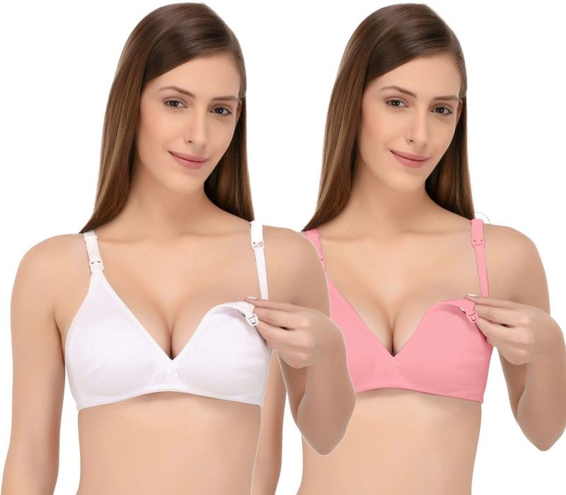 Pack of 2 Women Maternity/Nursing Non Padded Bra  (White, Pink)