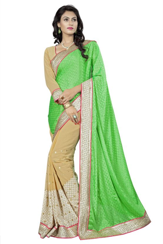 Embroidered Bollywood Handloom Georgette, Chiffon Saree  (Green, Beige)