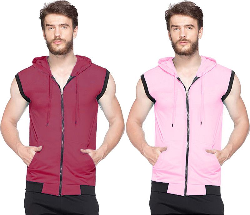 Pack of 2 Men Solid Hooded Neck Cotton Blend Maroon, Pink T-Shirt