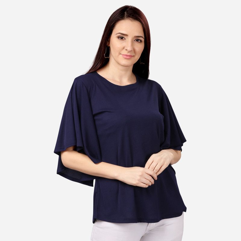 Casual Kaftan Sleeve Solid Women Dark Blue Top