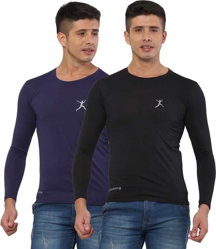 Pack of 2 Men Solid Round Neck Elastane Black, Navy Blue T-Shirt