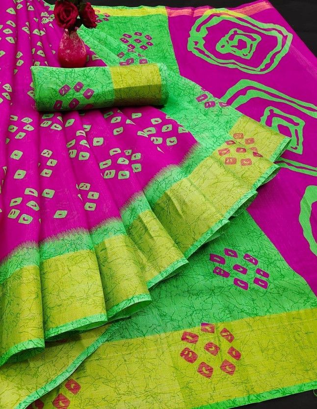 Printed Bandhani Linen Saree  (Pink)