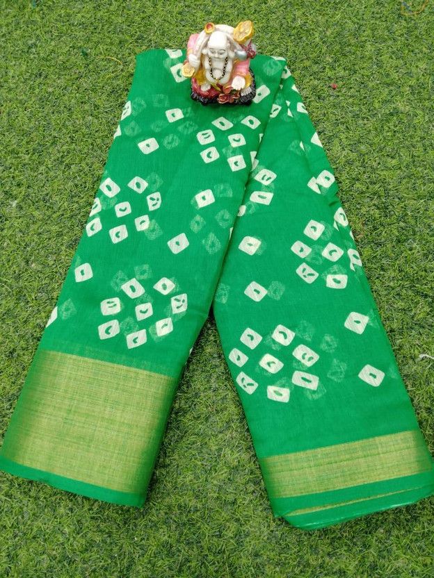 Digital Print Bandhani Cotton Blend Saree  (Dark Green)