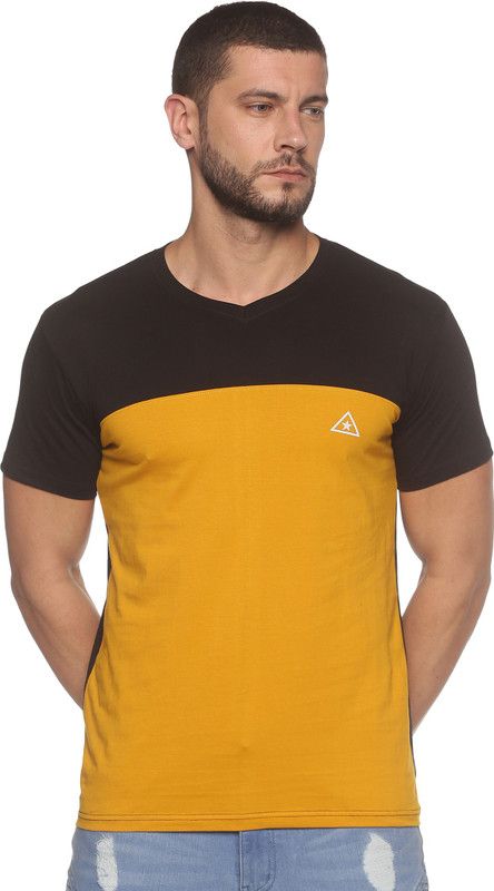Men Colorblock V Neck Pure Cotton Yellow T-Shirt