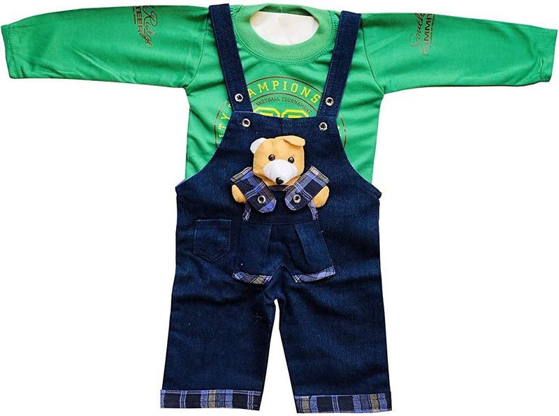Dungaree For Baby Boys & Baby Girls Party Printed Denim Blend, Cotton Blend  (Multicolor, Pack of 1)