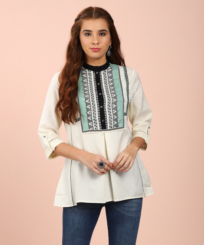 Casual Roll Up Sleeves Self Design Women Beige Top