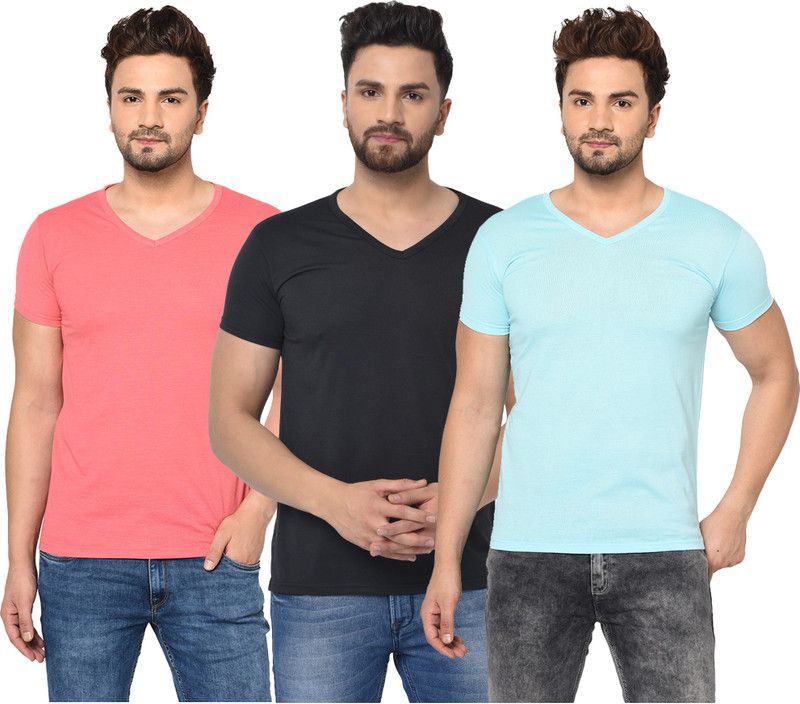 Pack of 3 V neck Combo T-shirts Multicolor Men Solid V Neck Cotton Blend Light Blue, Black, Pink T-Shirt
