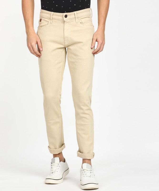 Men Slim High Rise Beige Jeans