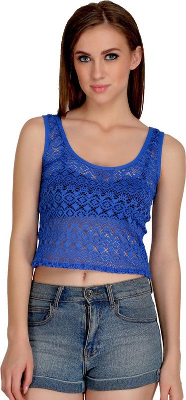 Party Sleeveless Self Design Women Blue Top