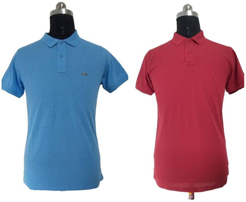 Pack of 2 Men Printed Round Neck Cotton Blend Red, Blue T-Shirt