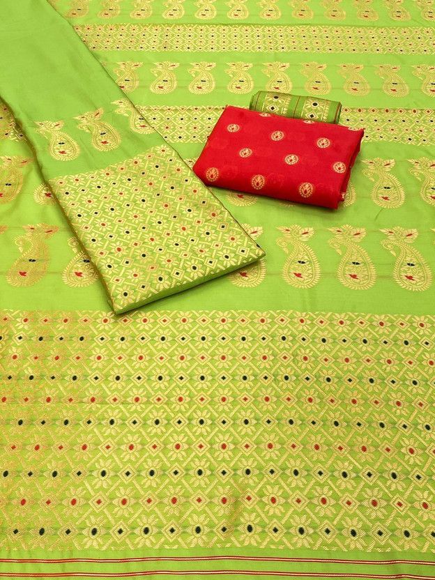 Woven Mekhela Chador Silk Blend Saree  (Red, Green)