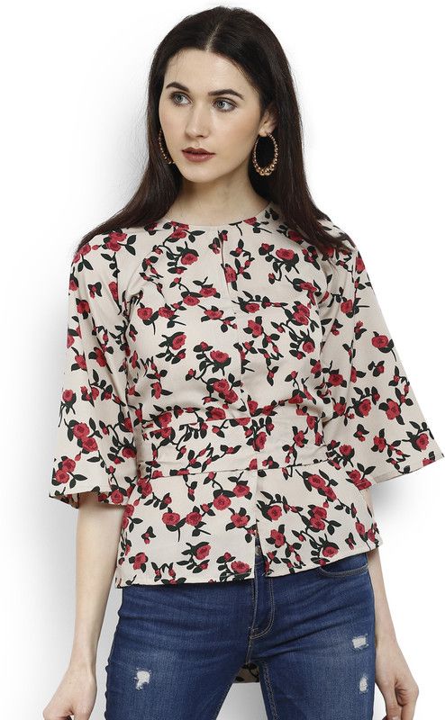 Casual Bell Sleeves Floral Print Women Green, Pink, Beige Top