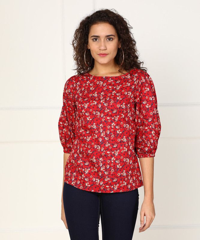 Casual Bishop Sleeve Floral Print Women Red Top