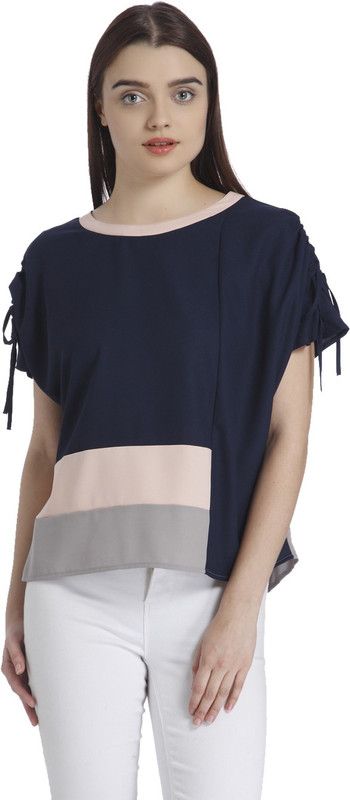 Casual Regular Sleeves Color Block Women Dark Blue, Grey, Beige Top