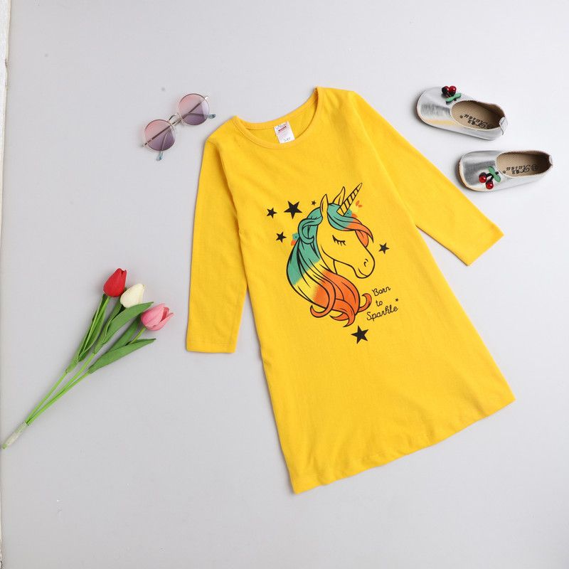 Girls Above Knee Casual Dress  (Yellow, Full Sleeve)