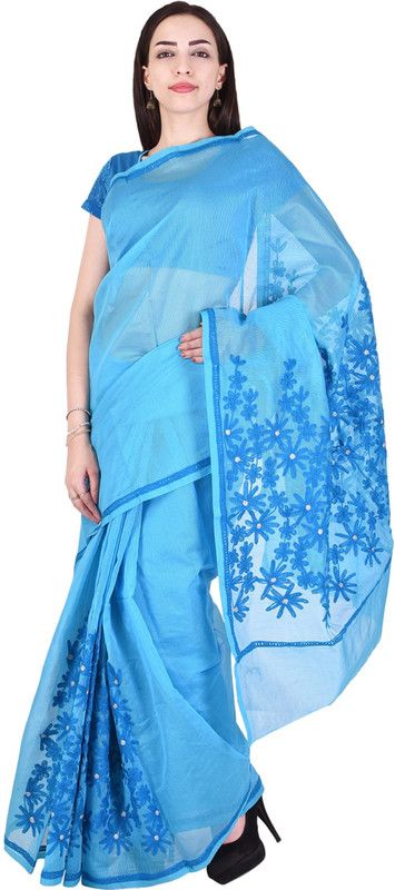 Embroidered Kota Doria Cotton Blend Saree  (Light Blue)