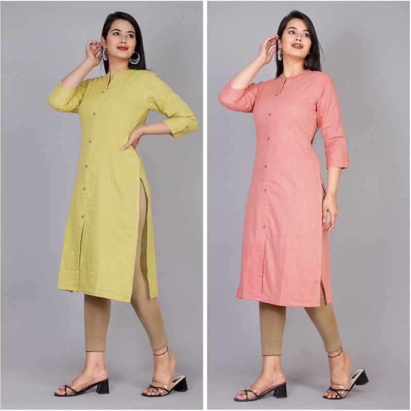 Pack of 2 Women Solid Pure Cotton Frontslit Kurta  (Green, Pink)
