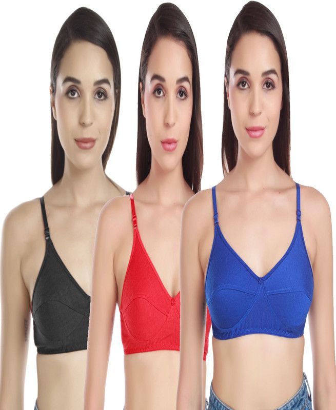 Cotton Lycra Sports bra in Black, Blue & Red Color Pack of 3. Women Full Coverage Non Padded Bra  (Multicolor)