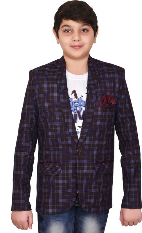 Boys Checkered Single Breasted Party, Formal, Wedding Blazer  (Maroon)