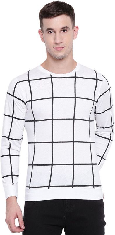 Cenizas Men's Cotton Full Sleeves Round Neck Checkered T-shirt Men Checkered Round Neck Cotton Blend White T-Shirt