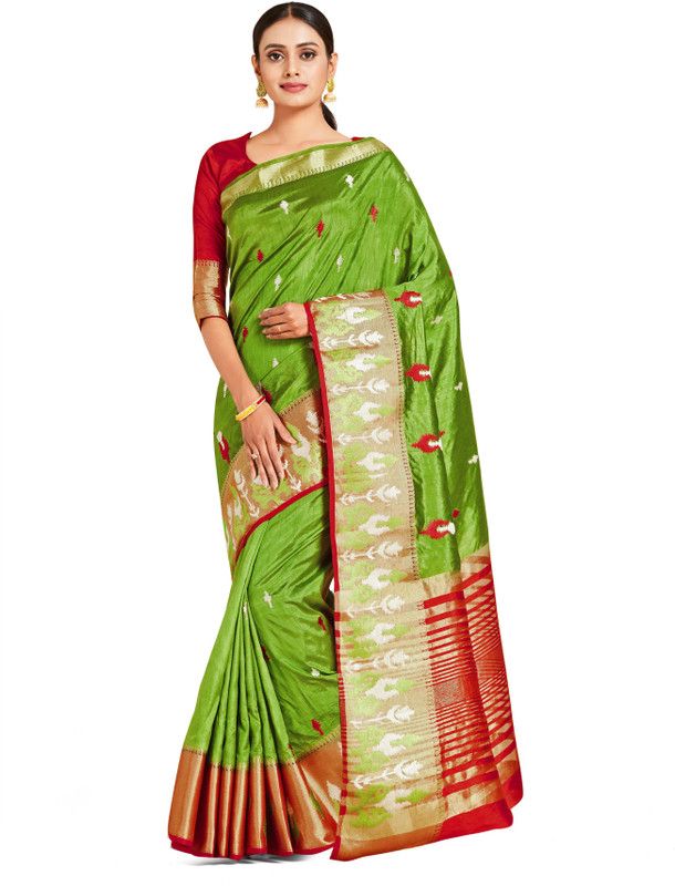 Embroidered Kanjivaram Art Silk Saree  (Green)