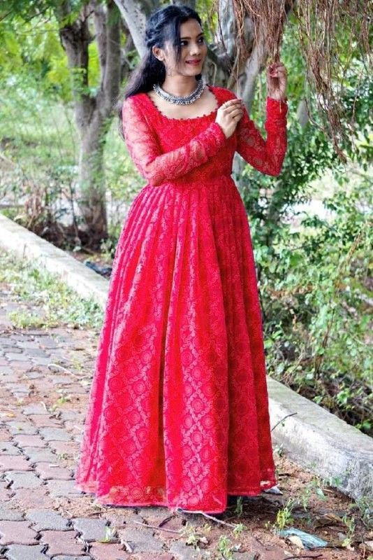 Women Bandhani Georgette Gown Kurta  (Red)