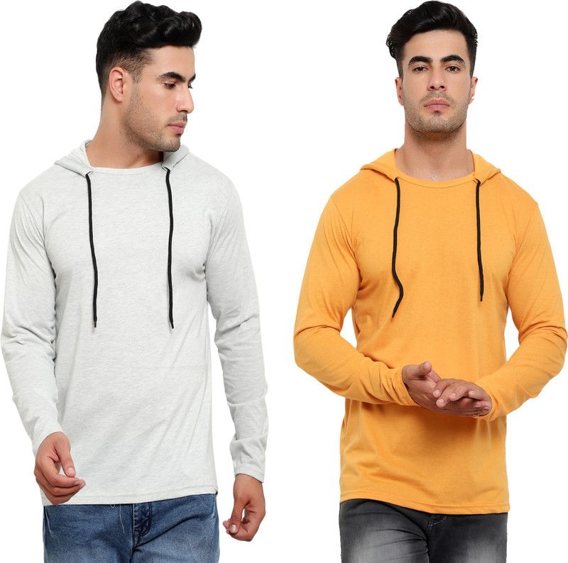 Pack of 2 Round Hooded Neck T-shirts for Men's Men Solid Hooded Neck Cotton Blend Multicolor T-Shirt