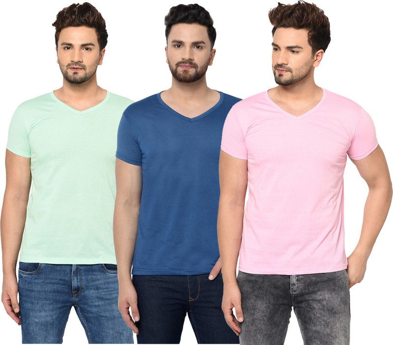 Pack of 3 Men Solid V Neck Cotton Blend Dark Blue, Pink, Light Green T-Shirt